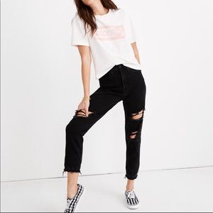 Madewell The Mom Jean Knee Rip with raw hem in Rainey (black) wash